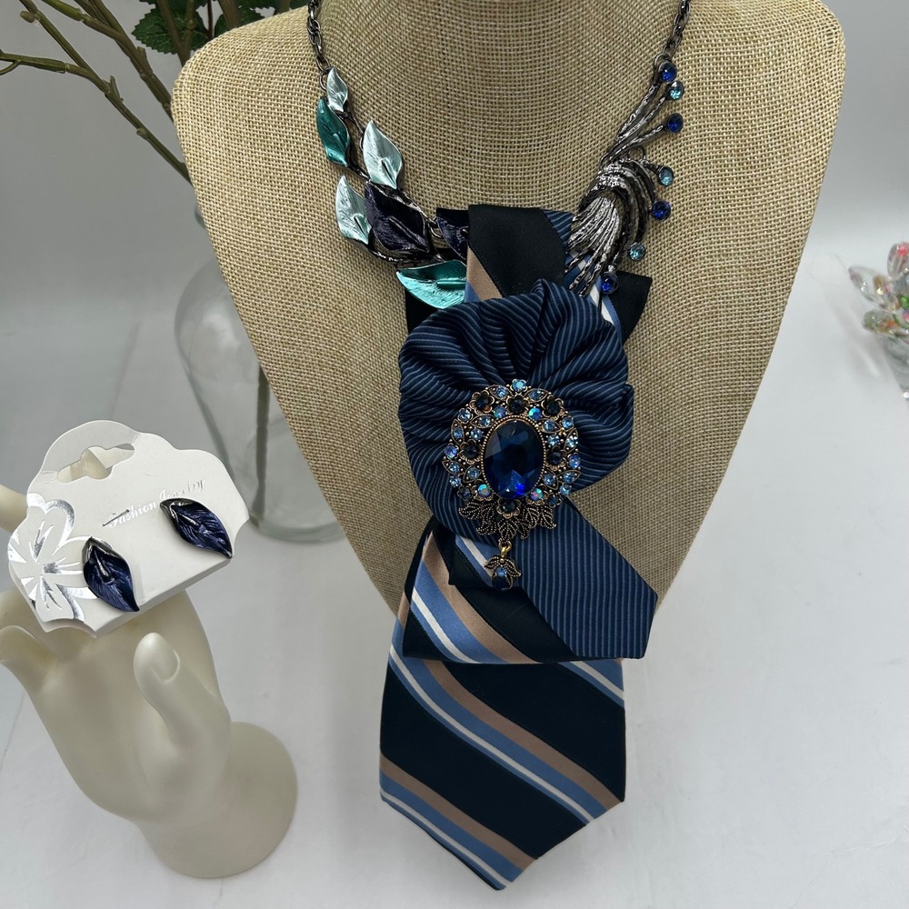 Tommy Hilfiger Repurposed Tie Necklace Set Blue Crystal Brooch Enamel Earrings - Picture 7 of 13